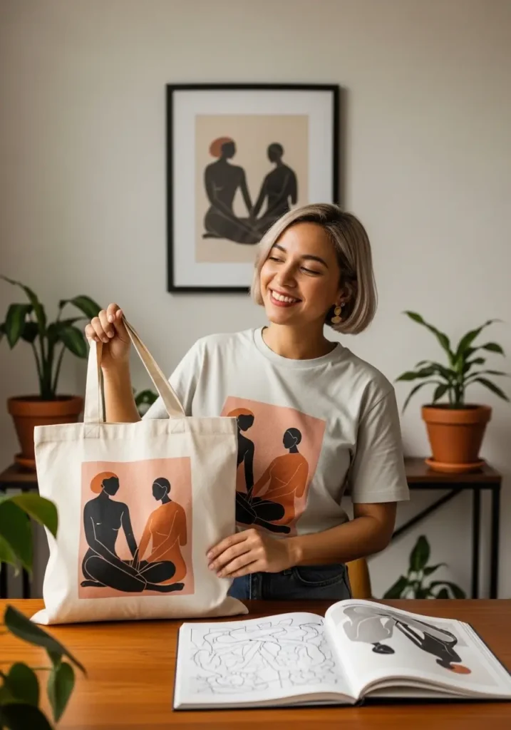 Mujer sonriente mostrando una bolsa de tela con ilustración artística minimalista de dos figuras femeninas en tonos cálidos